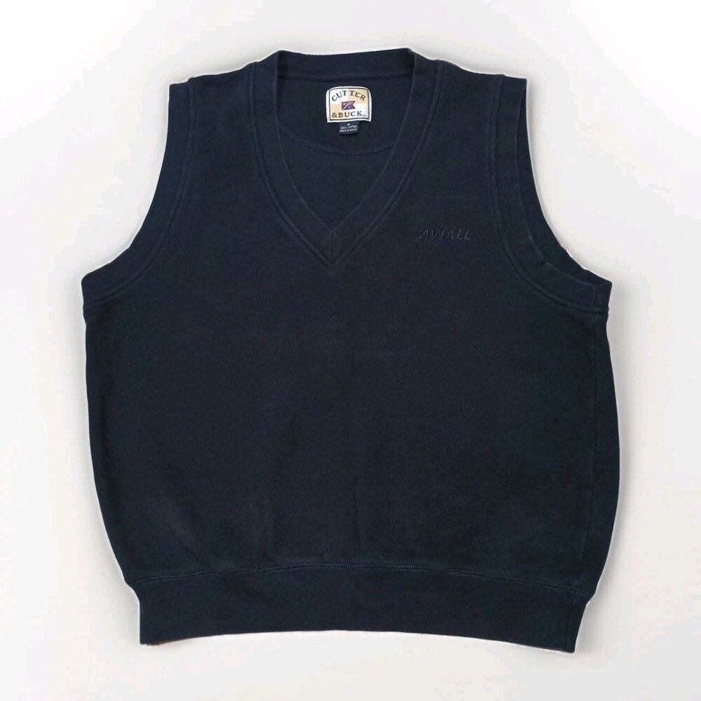 Vtg Cutter & Buck  Sweater Vest Men Md Navy Blue Sleeveless V-Neck Aviall Boeing
